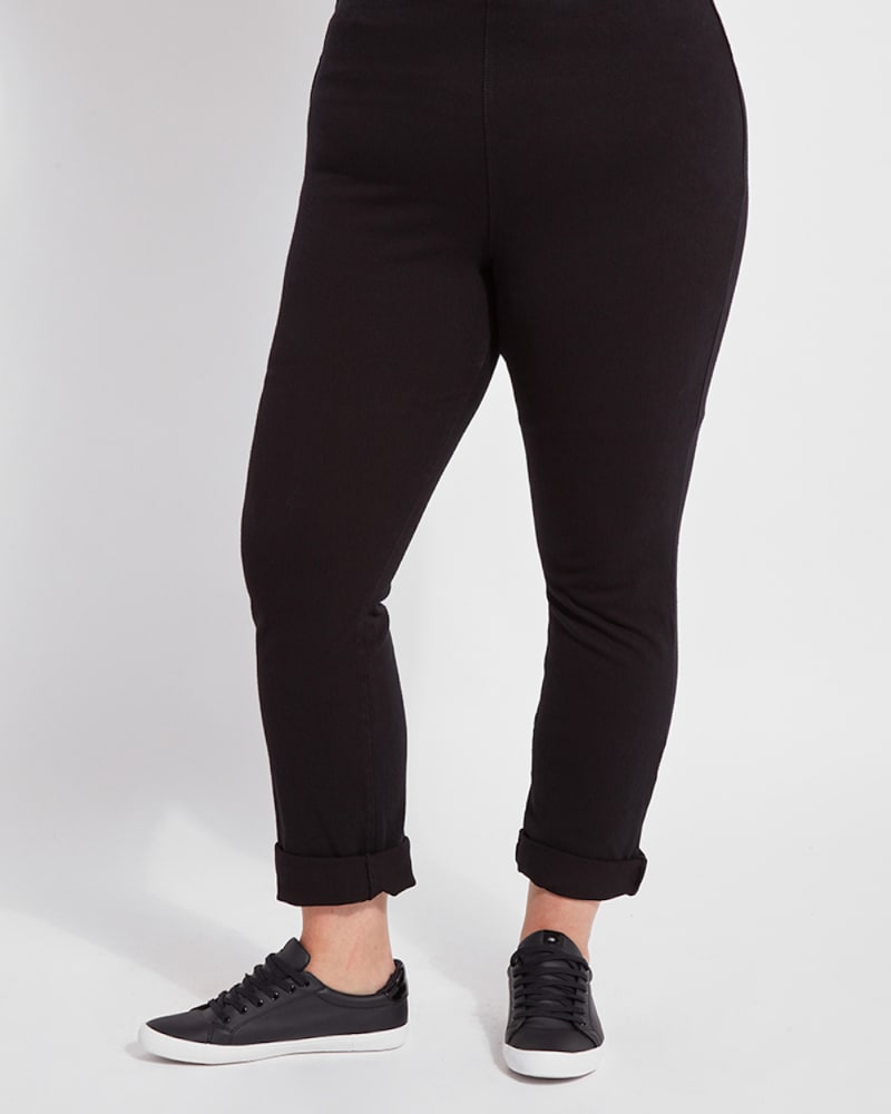 Front of a model wearing a size 3X Jewel Straight-Leg Jeans in Black by Lysse. | dia_product_style_image_id:299098